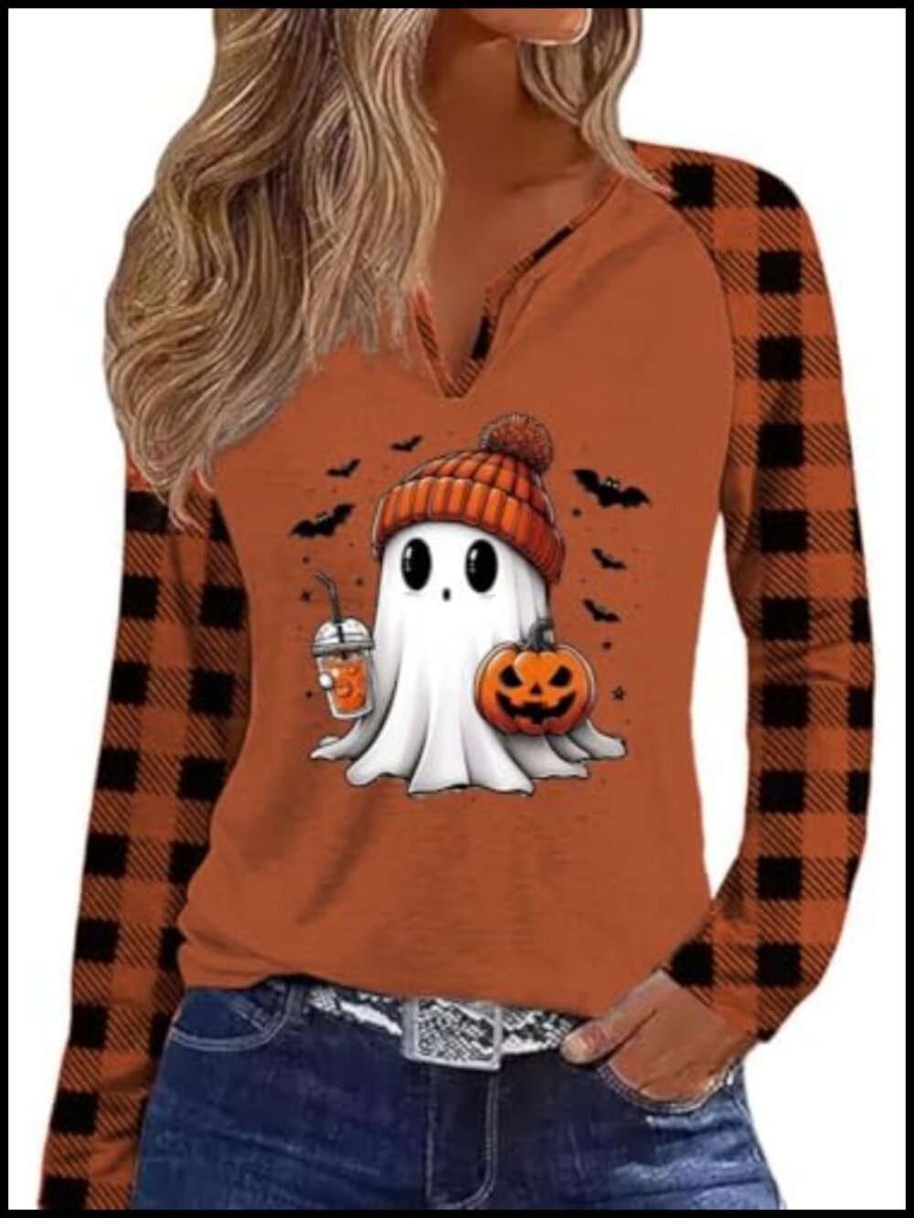 Women's Halloween V Neck T-Shirt Long Sleeve Graphic Tee